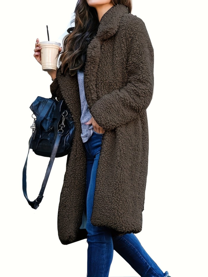 Mid Length Teddy Coat, Casual Open Front Solid Winter Outerwear, Women's Clothing