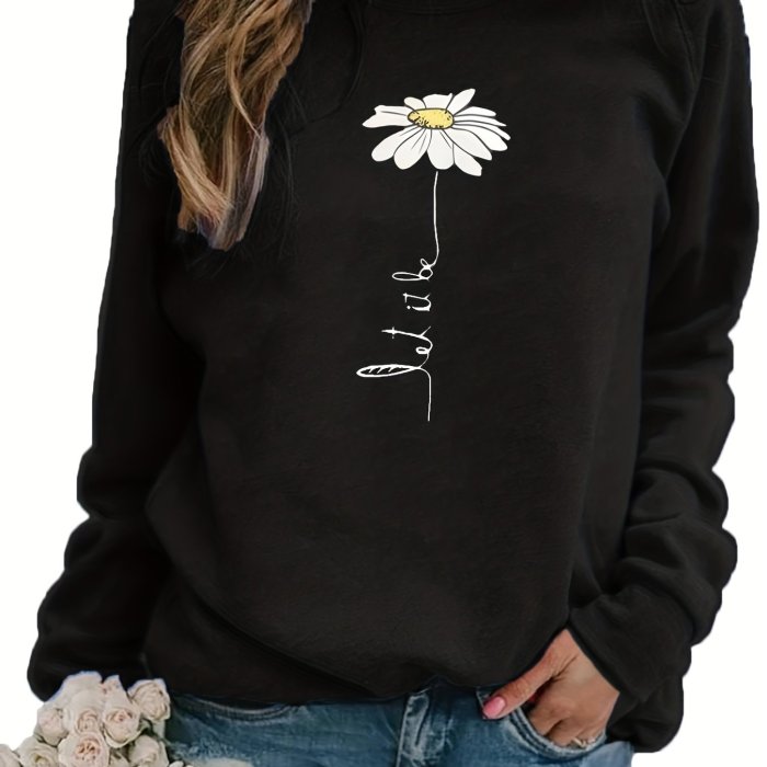 Daisy Print Pullover Sweatshirt, Casual Long Sleeve Crew Neck Sweatshirt For Fall & Winter, Women's Clothing