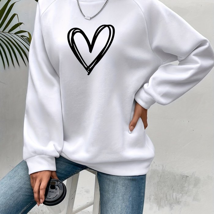 Heart Print Pullover Sweatshirt, Casual Long Sleeve Crew Neck Sweatshirt For Spring & Fall, Women's Clothing