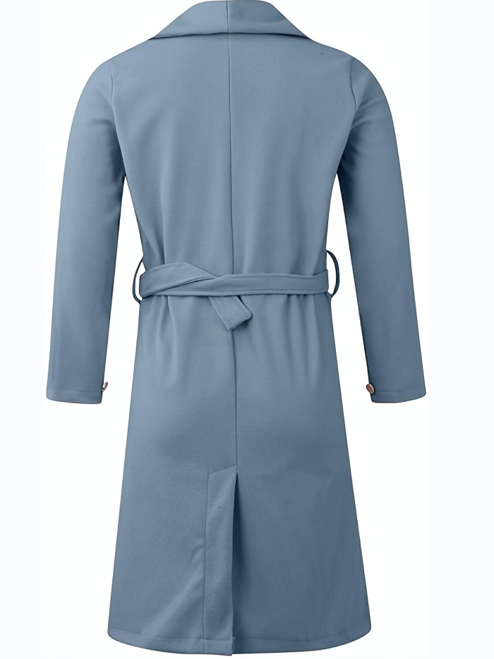 Elegant Lapel Belt Long Coat, Casual Long Sleeve V-neck Fashion Loose Fall Winter Long Outerwear, Women's Clothing