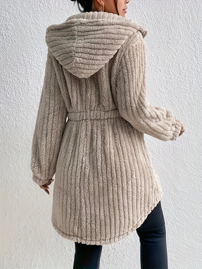 Button Front Hooded Teddy Coat, Casual Solid Long Sleeve Winter Warm Outerwear, Women's Clothing