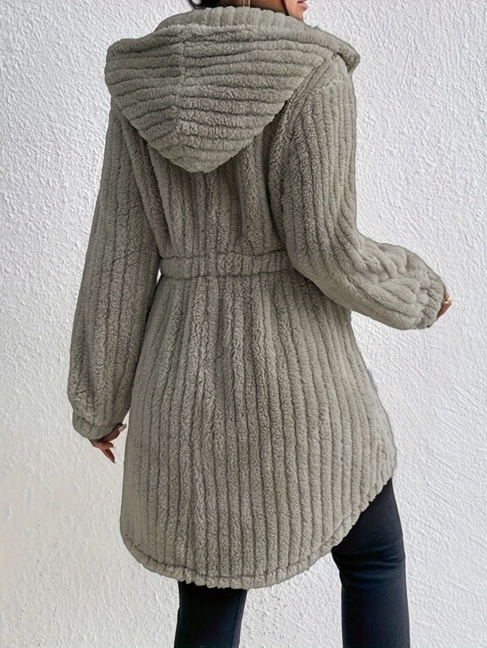 Button Front Hooded Teddy Coat, Casual Solid Long Sleeve Winter Warm Outerwear, Women's Clothing