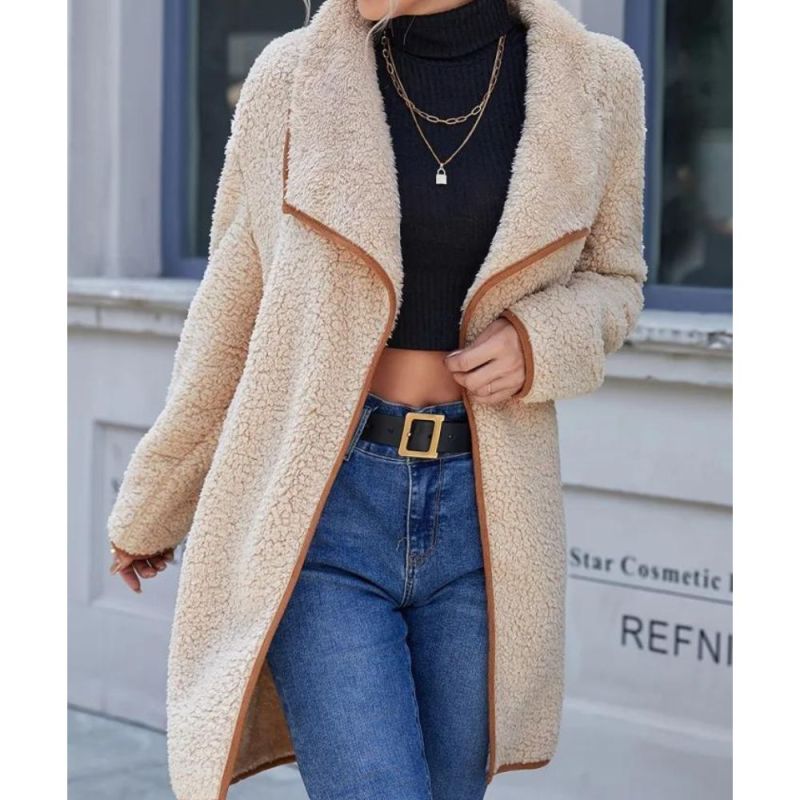 Solid Open Front Fleece Jacket, Casual Lapel Long Sleeve Jacket Coat, Women's Clothing