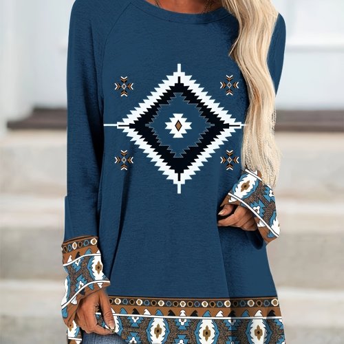 Ethnic Aztec Print Crew Neck Top, Casual Long Sleeve Mid Length Loose Top, Women's Clothing