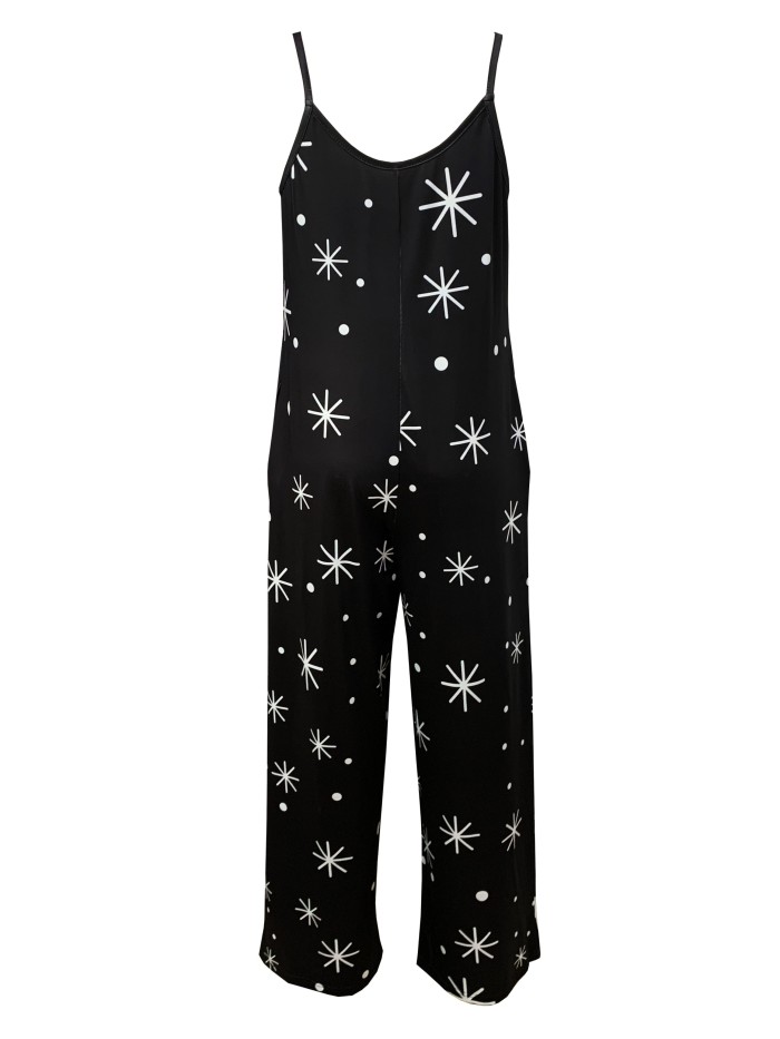 Plus Size Christmas Jumpsuit, Women's Plus Santa Claus & Snowflake & Art Letter Print V Neck Wide Leg Cami Jumpsuit With Pockets