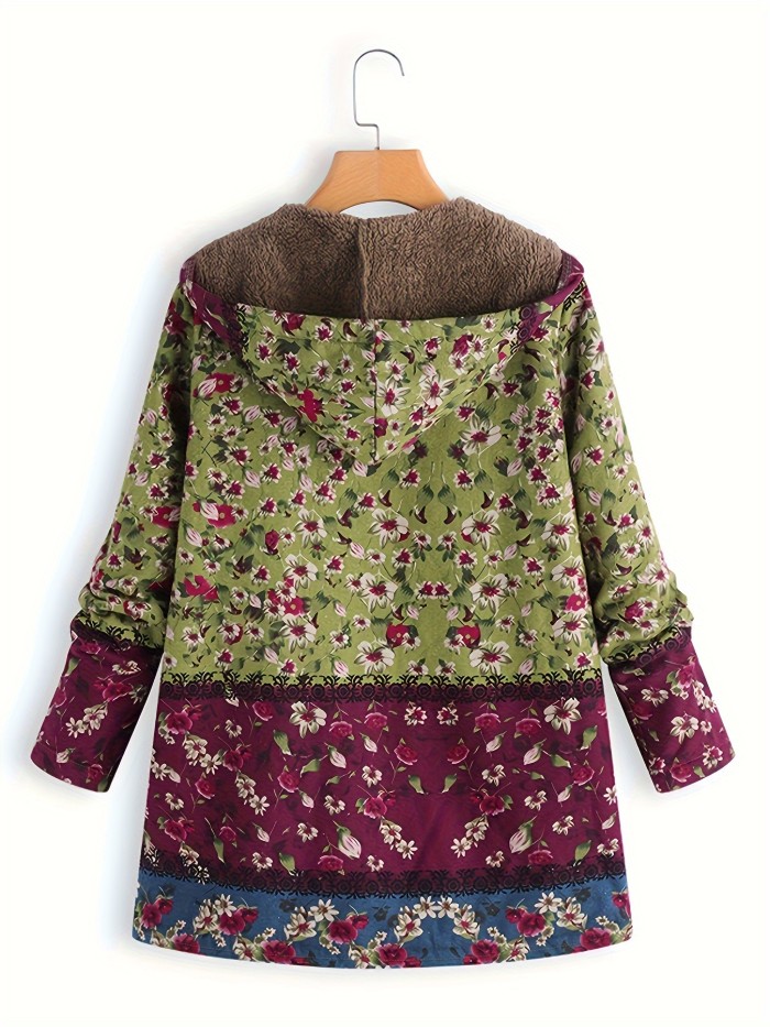 Plus Size Fleece Liner Floral Print Hoodie Coat, Women's Plus Faux Fur Casual Winter Coat