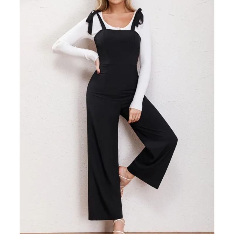 Solid Tie Strap Jumpsuit, Casual Sleeveless Wide Leg Jumpsuit, Women's Clothing