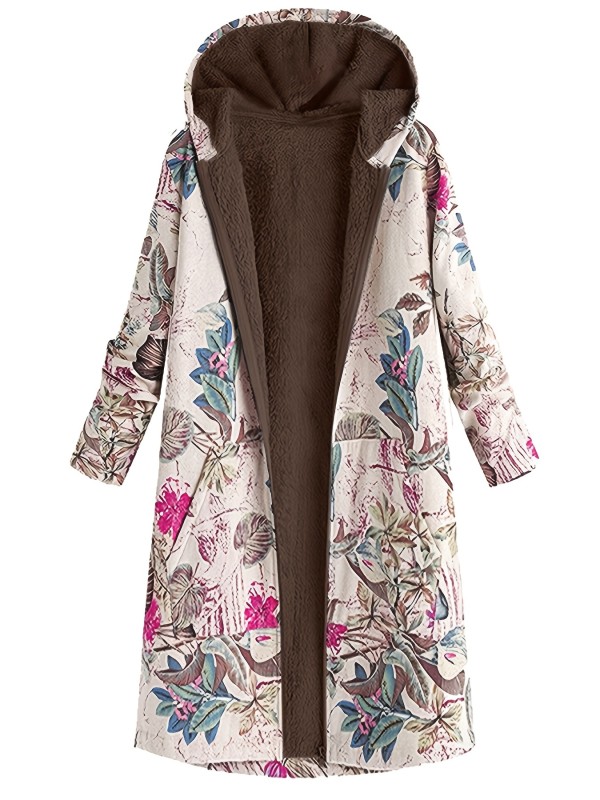 Floral Print Pocket Hooded Coat, Casual Longline Long Sleeve Thermal Coat For Fall & Winter, Women's Clothing