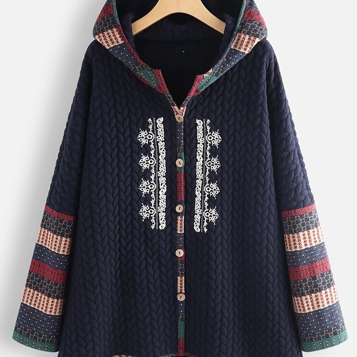 Ethnic Print Ribbed Coat, Casual Hooded Button Front Long Sleeve Winter Warm Outerwear, Women's Clothing