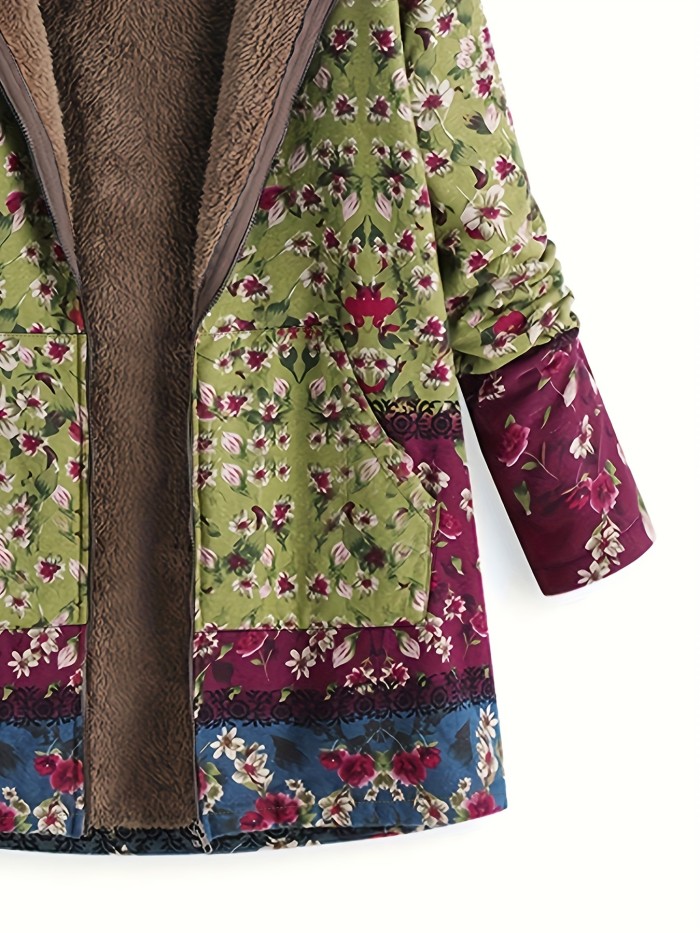 Plus Size Fleece Liner Floral Print Hoodie Coat, Women's Plus Faux Fur Casual Winter Coat
