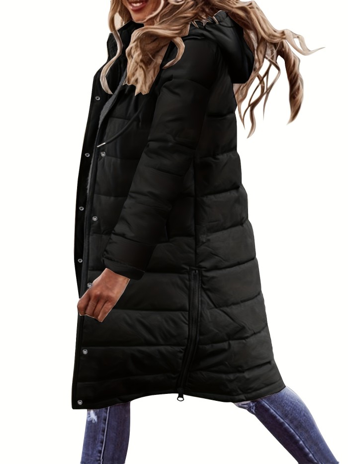 Button Front Hoodie Puffy Coat, Casual Long Sleeve Warm Outwear For Winter, Women's Clothing
