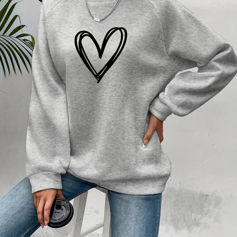 Heart Print Pullover Sweatshirt, Casual Long Sleeve Crew Neck Sweatshirt For Spring & Fall, Women's Clothing