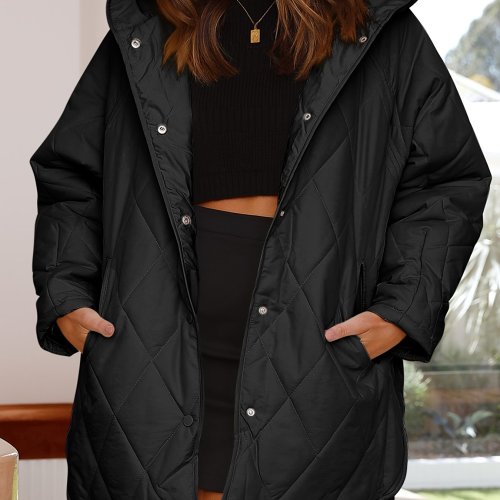 Solid Button Front Hooded Coat, Casual Long Sleeve Warm Winter Outerwear, Women's Clothing