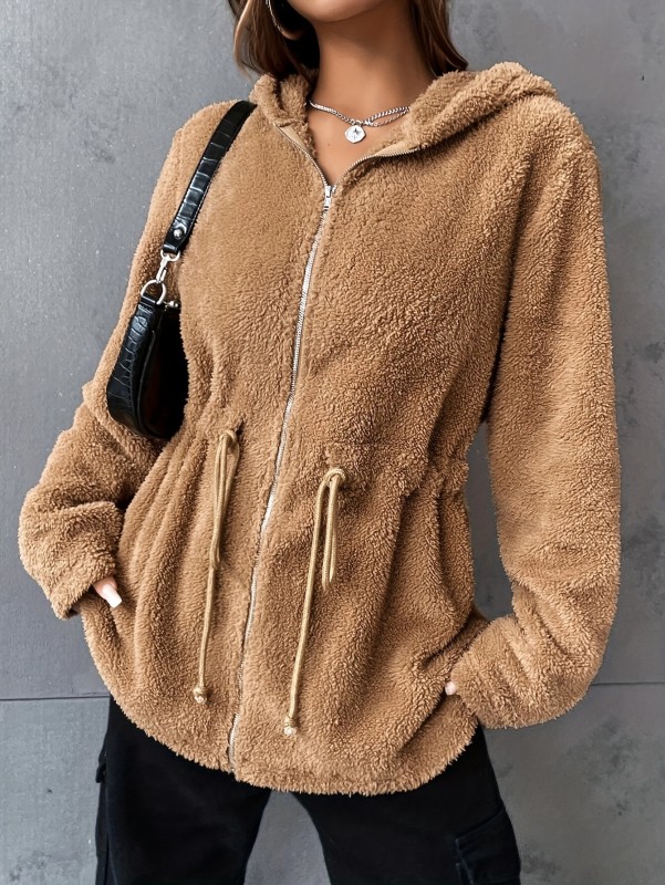 Drawstring Hooded Teddy Jacket, Casual Solid Zip Up Outerwear, Women's Clothing