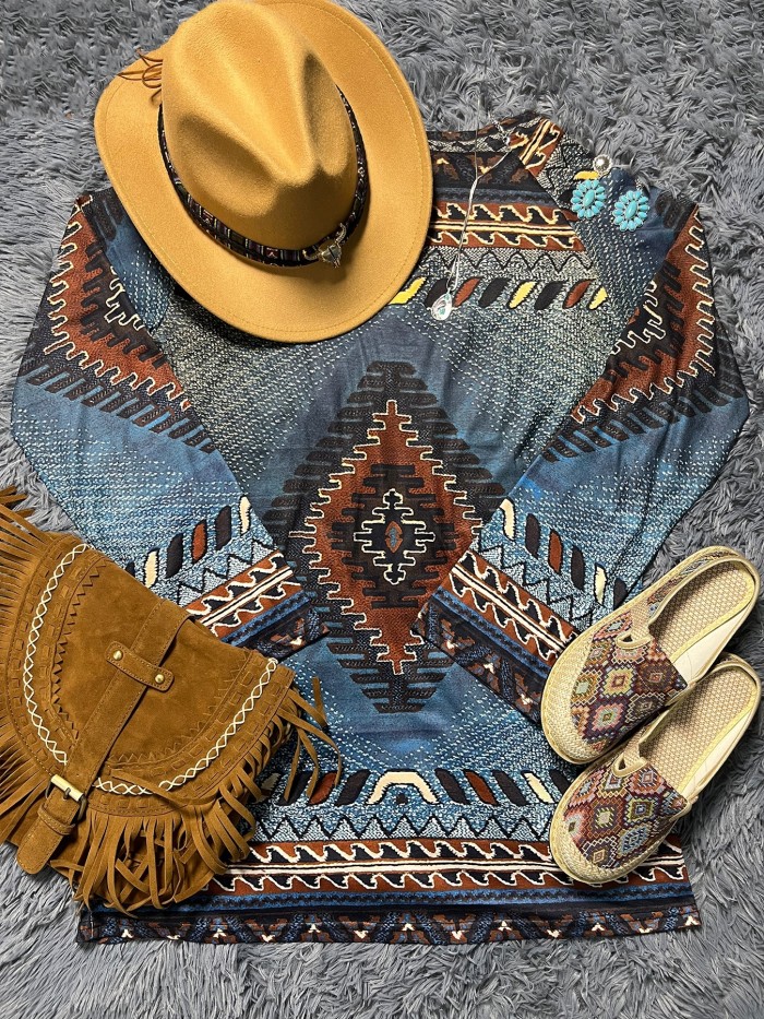 Aztec Print Raglan Sleeve Tunics, Boho Vintage Crew Neck Tunics, Women's Clothing