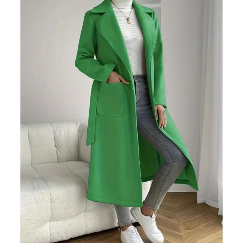 Dual Pocket Trench Coat, Tie Waist Solid Casual Coat For Winter & Fall, Women's Clothing