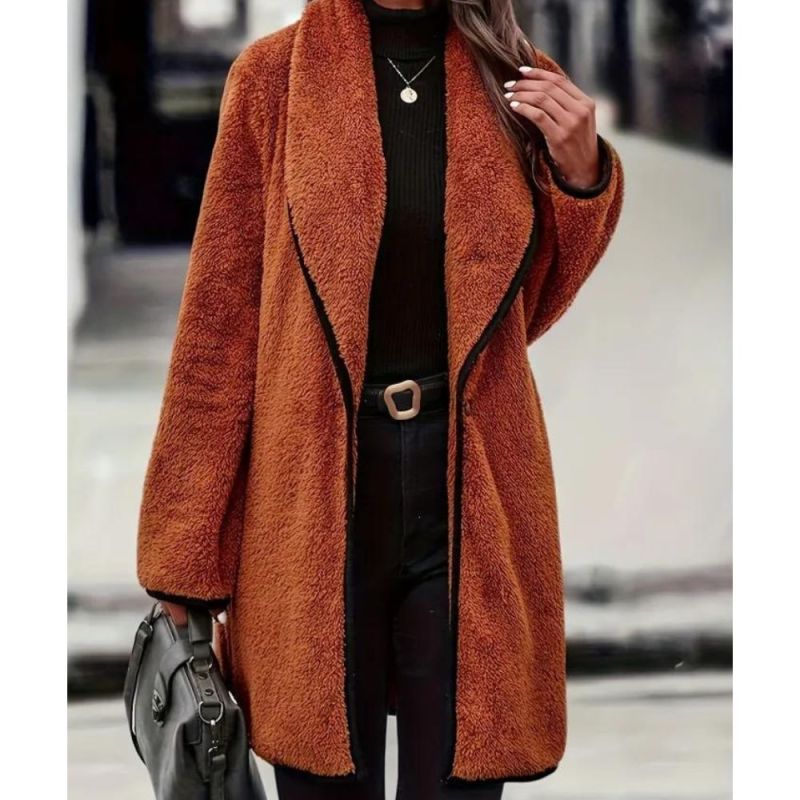 Contrast Trim Single Breasted Teddy Coat, Versatile Long Sleeve Lapel Winter Thermal Coat, Women's Clothing
