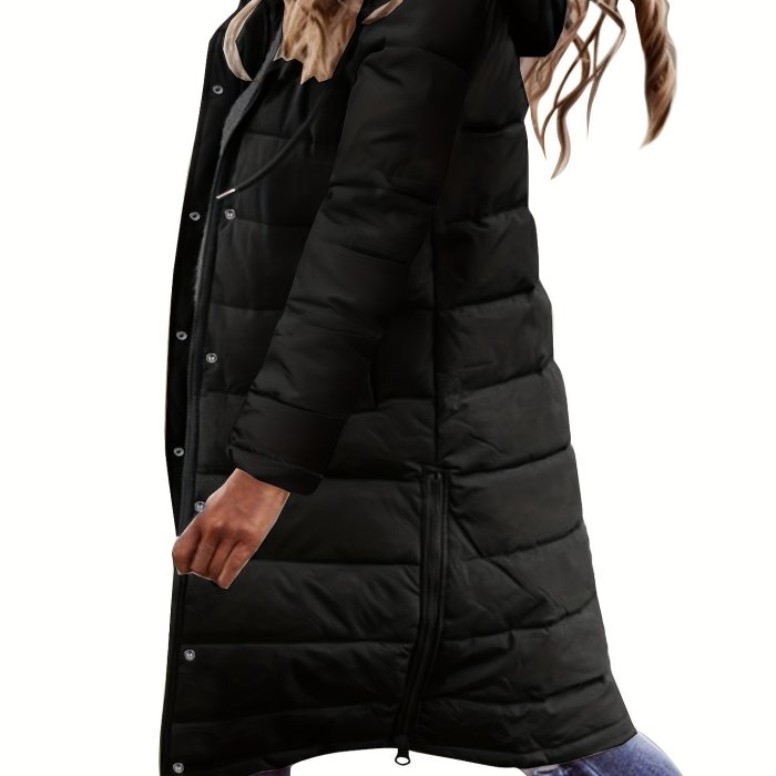 Button Front Hoodie Puffy Coat, Casual Long Sleeve Warm Outwear For Winter, Women's Clothing