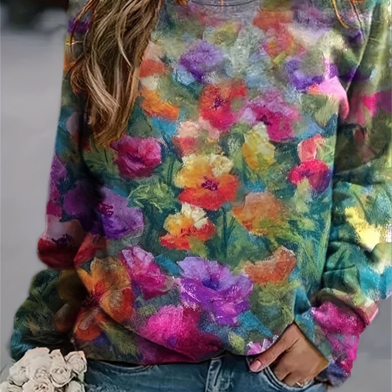 Floral Print Pullover Sweatshirt, Casual Long Sleeve Crew Neck Sweatshirt For Fall & Winter, Women's Clothing