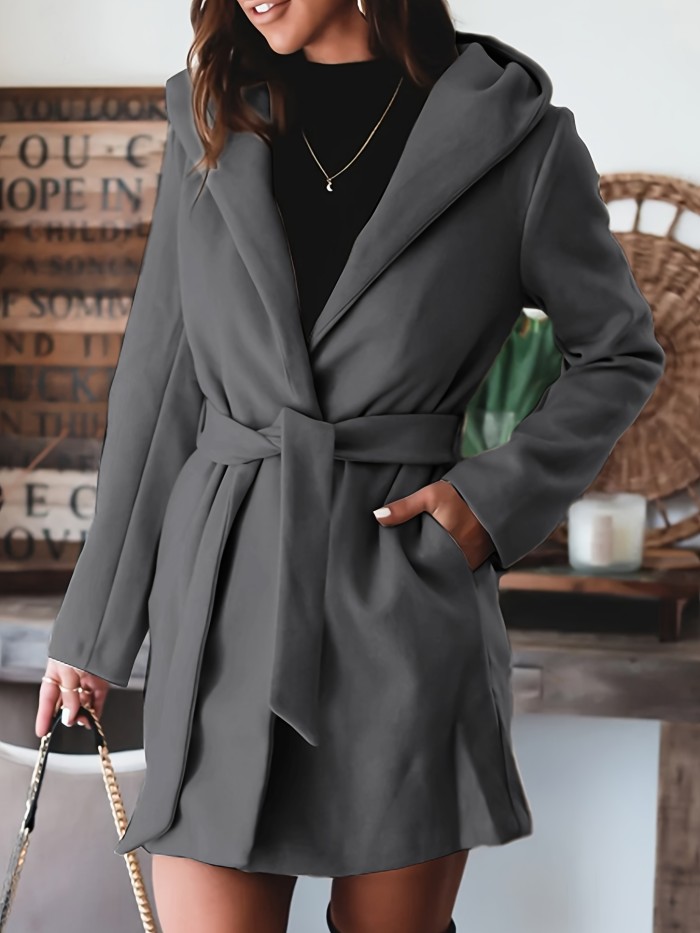 Solid Color Double Lapel With Hood Trench Coat, Casual Fall Winter Jacket, Women's Clothing