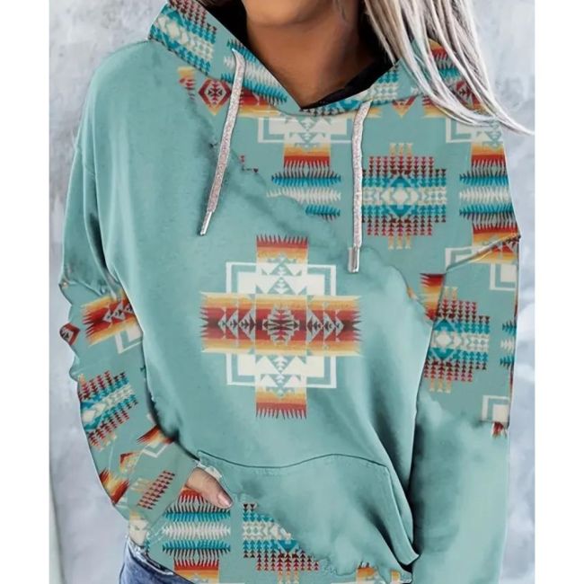 Western Ethnic Print Kangaroo Pocket Hoodie, Casual Long Sleeve Drawstring Hoodies Sweatshirt, Women's Clothing