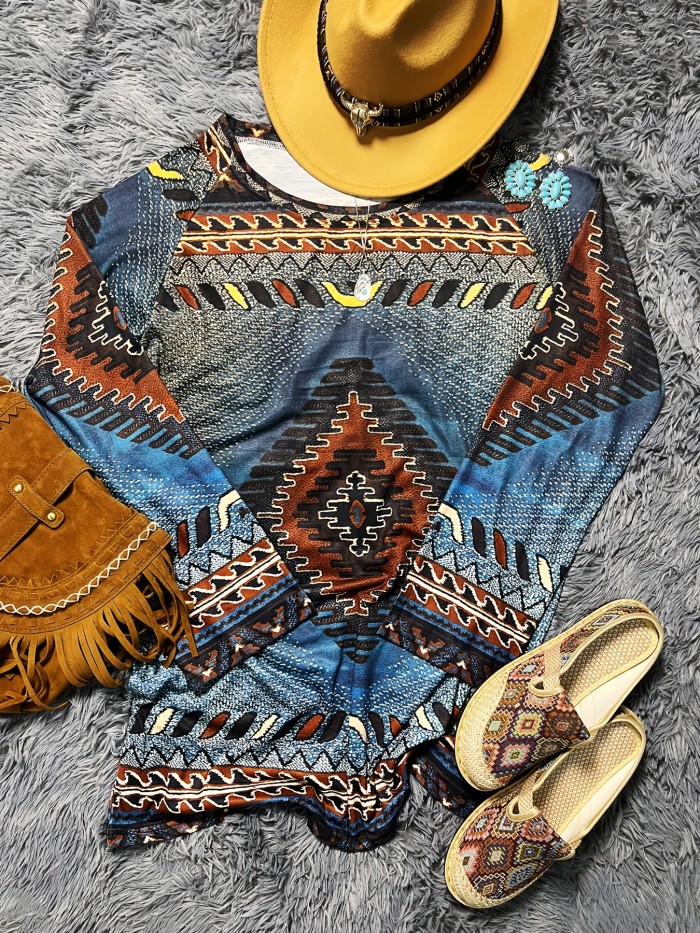 Aztec Print Raglan Sleeve Tunics, Boho Vintage Crew Neck Tunics, Women's Clothing