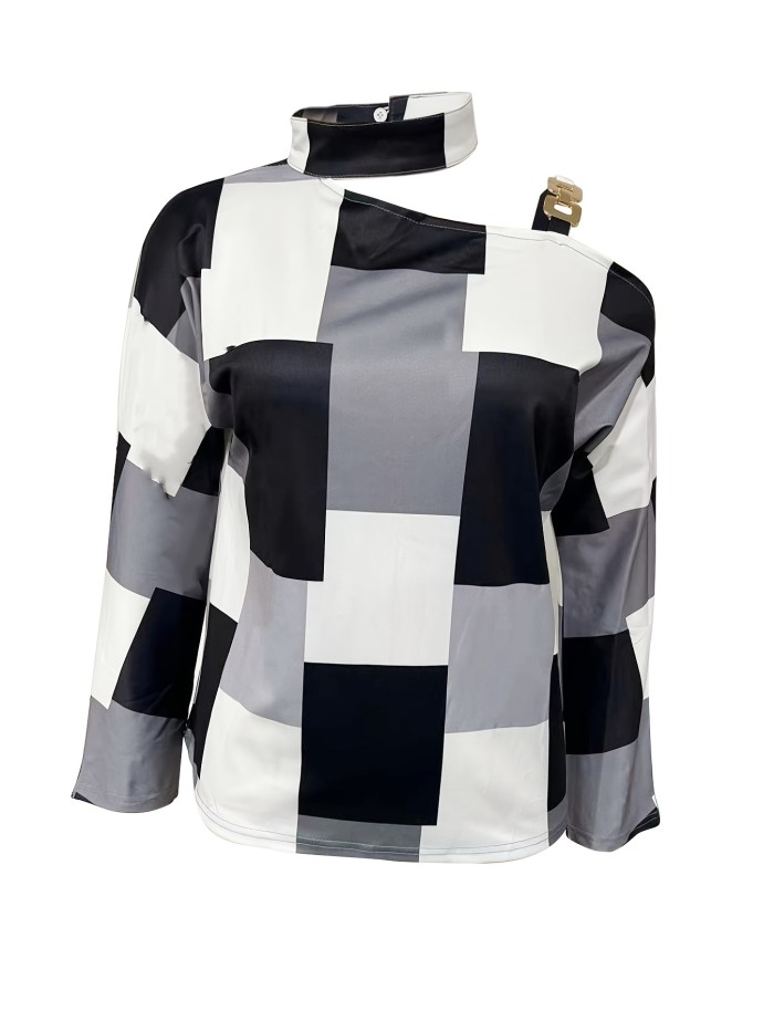 Color Block Off Shoulder Halter Neck Pullover, Casual Autumn & Winter Long Sleeve Chain Sweatshirt, Women's Clothing