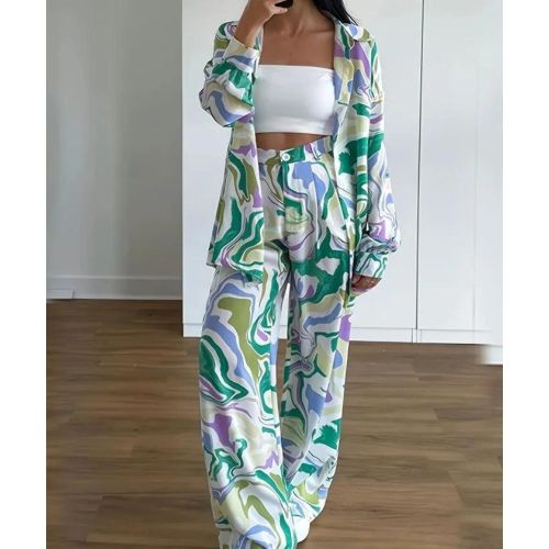 Plus Size Casual Outfits Set, Women's Plus Marble Print Long Sleeve Button Up Lapel Collar Shirt Top & Button Fly Wide Leg Pants Outfits Two Piece Set