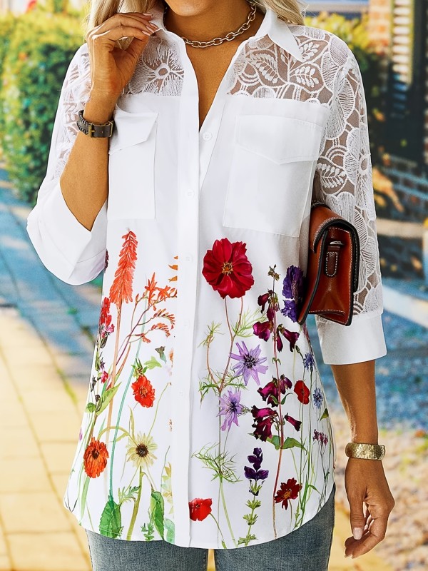Floral Print Lace Collar Shirt, Casual Button Front 3\u002F4 Sleeve Pockets Shirt, Women's Clothing