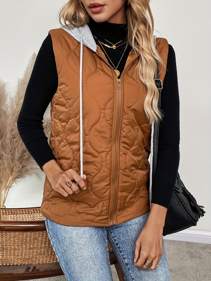 Zip Up Hooded Puffer Vest, Drawstring Casual Jacket For Fall & Spring, Women's Clothing
