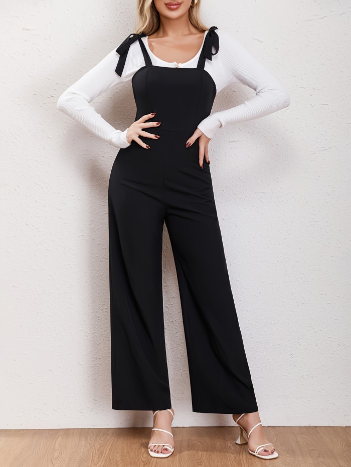 Solid Tie Strap Jumpsuit, Casual Sleeveless Wide Leg Jumpsuit, Women's Clothing