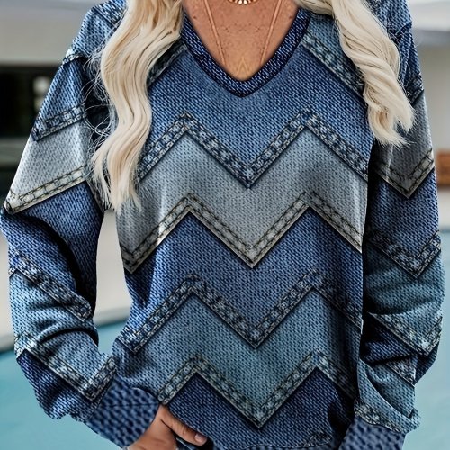 Denim Print Pullover Sweatshirt, Vintage Long Sleeve V Neck Sweatshirt, Women's Clothing