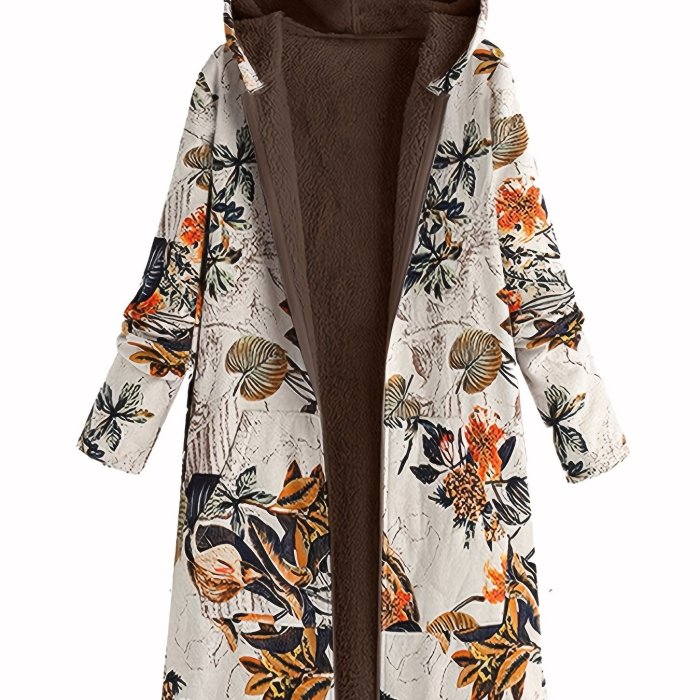 Floral Print Pocket Hooded Coat, Casual Longline Long Sleeve Thermal Coat For Fall & Winter, Women's Clothing