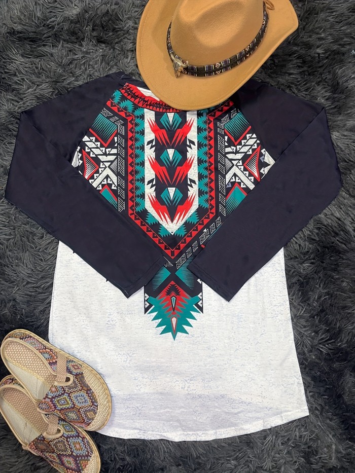 Aztec Print Raglan Sleeve Tunics, Casual Crew Neck Long Sleeve Tunics, Women's Clothing