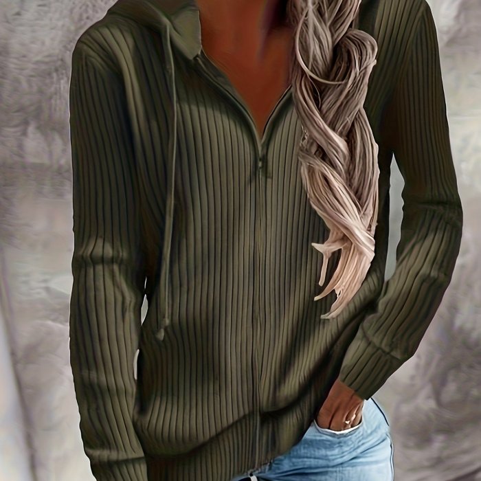 Zip Up Drawstring Hoodies, Casual Soldi Long Sleeve Sweatshirt, Women's Clothing