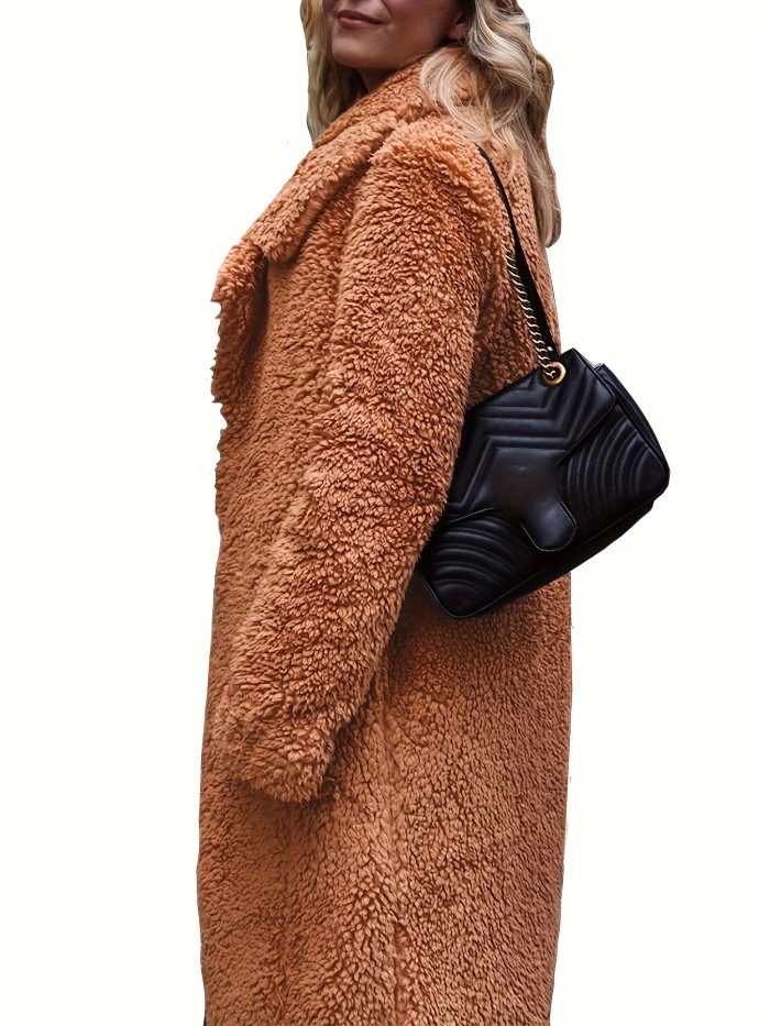 Mid Length Teddy Coat, Casual Open Front Solid Winter Outerwear, Women's Clothing