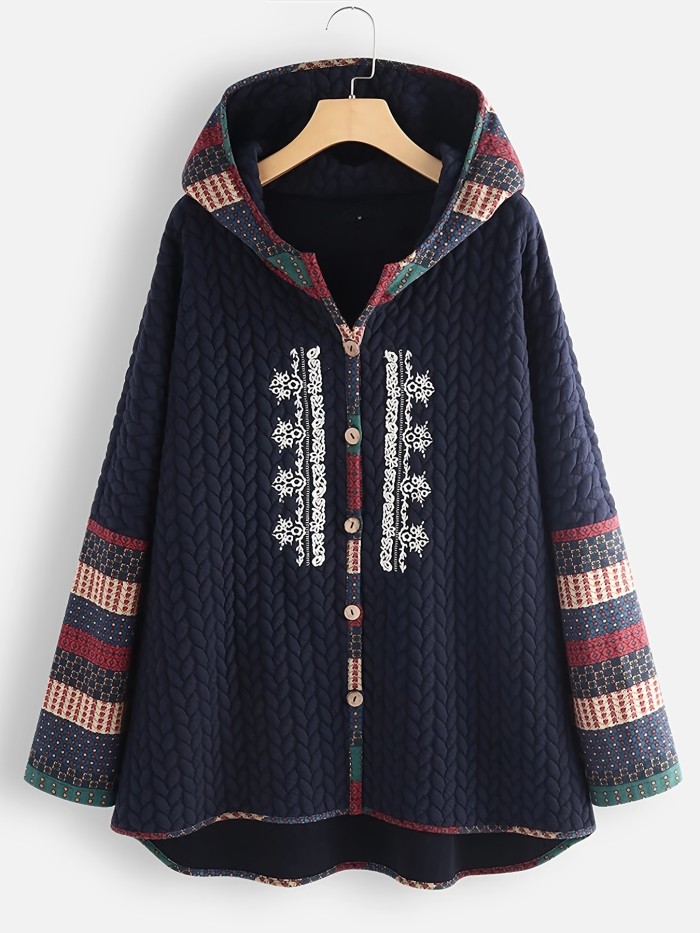 Ethnic Print Ribbed Coat, Casual Hooded Button Front Long Sleeve Winter Warm Outerwear, Women's Clothing