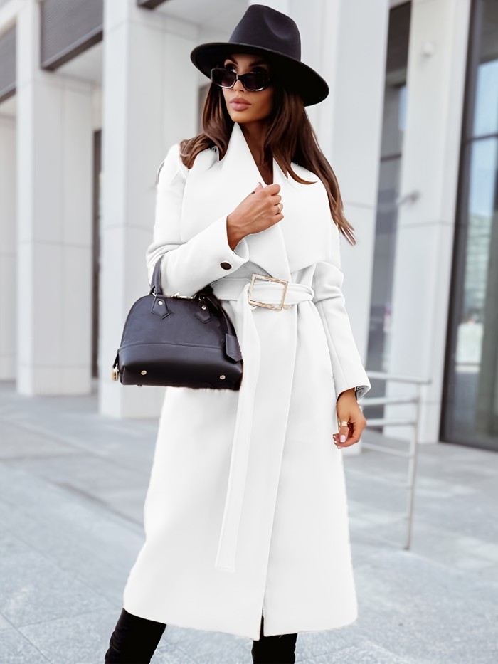 Elegant Lapel Belt Long Coat, Casual Long Sleeve V-neck Fashion Loose Fall Winter Long Outerwear, Women's Clothing