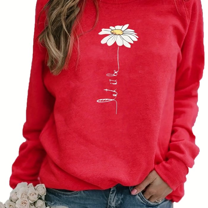 Daisy Print Pullover Sweatshirt, Casual Long Sleeve Crew Neck Sweatshirt For Fall & Winter, Women's Clothing