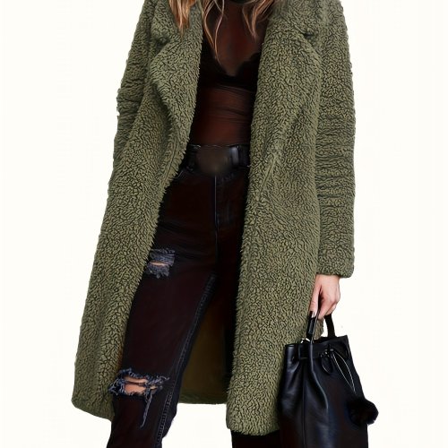 Mid Length Teddy Coat, Casual Open Front Solid Winter Outerwear, Women's Clothing