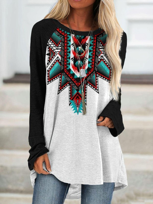 Aztec Print Raglan Sleeve Tunics, Casual Crew Neck Long Sleeve Tunics, Women's Clothing
