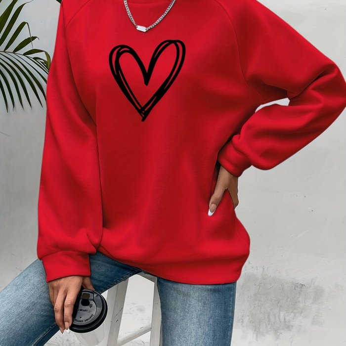 Heart Print Pullover Sweatshirt, Casual Long Sleeve Crew Neck Sweatshirt For Spring & Fall, Women's Clothing