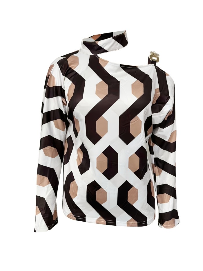 Color Block Off Shoulder Halter Neck Pullover, Casual Autumn & Winter Long Sleeve Chain Sweatshirt, Women's Clothing