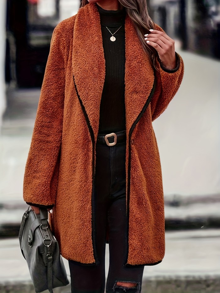 Contrast Trim Single Breasted Teddy Coat, Versatile Long Sleeve Lapel Winter Thermal Coat, Women's Clothing