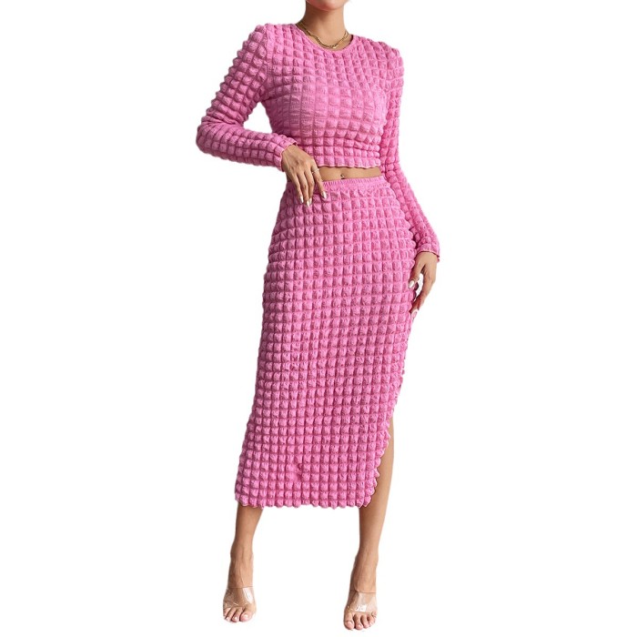 Women's Fashion Solid Color Long Sleeve Slim Round Neck Top Slit Long Skirt Suit