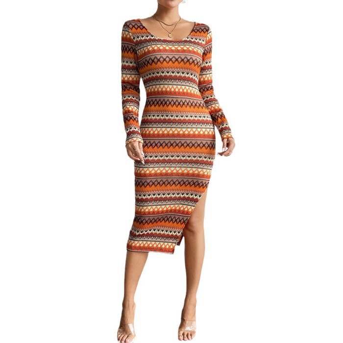Fashion Women's Urban Color Striped Long Sleeve Midi Dress