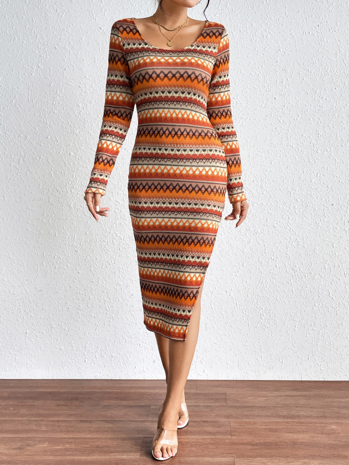 Fashion Women's Urban Color Striped Long Sleeve Midi Dress