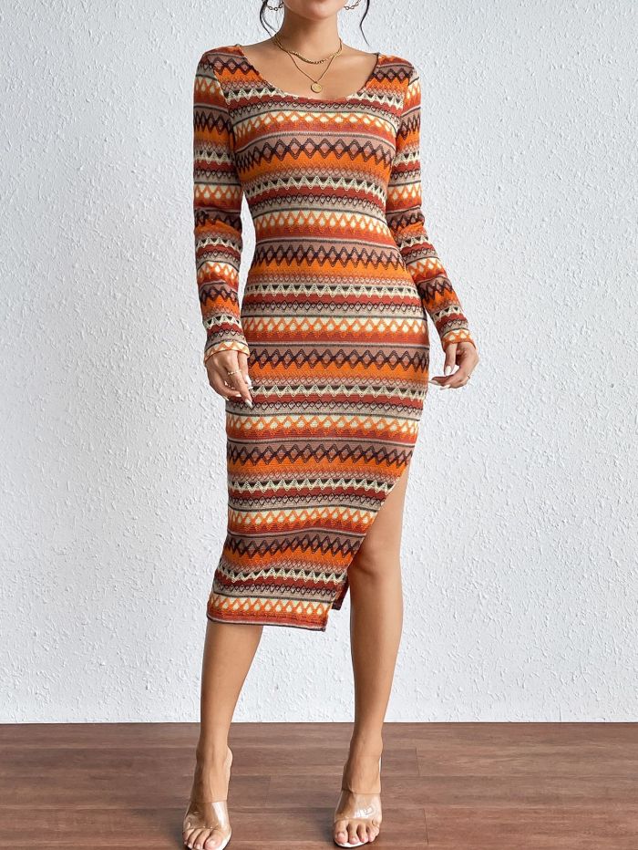 Fashion Women's Urban Color Striped Long Sleeve Midi Dress