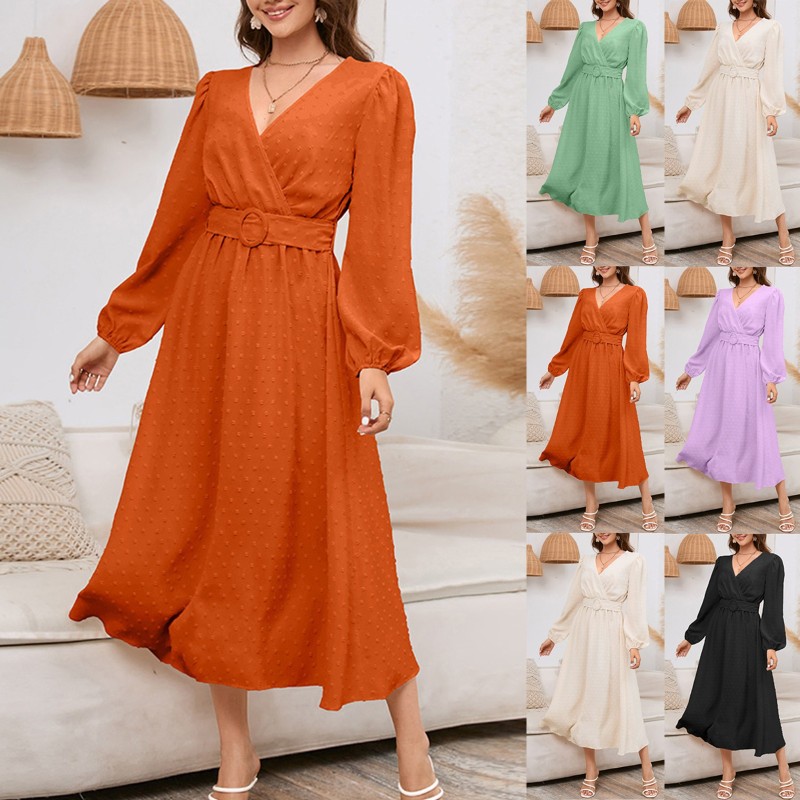 Women'S Fashion V-Neck Solid Color Long Sleeve  Elegant A-Line Dress