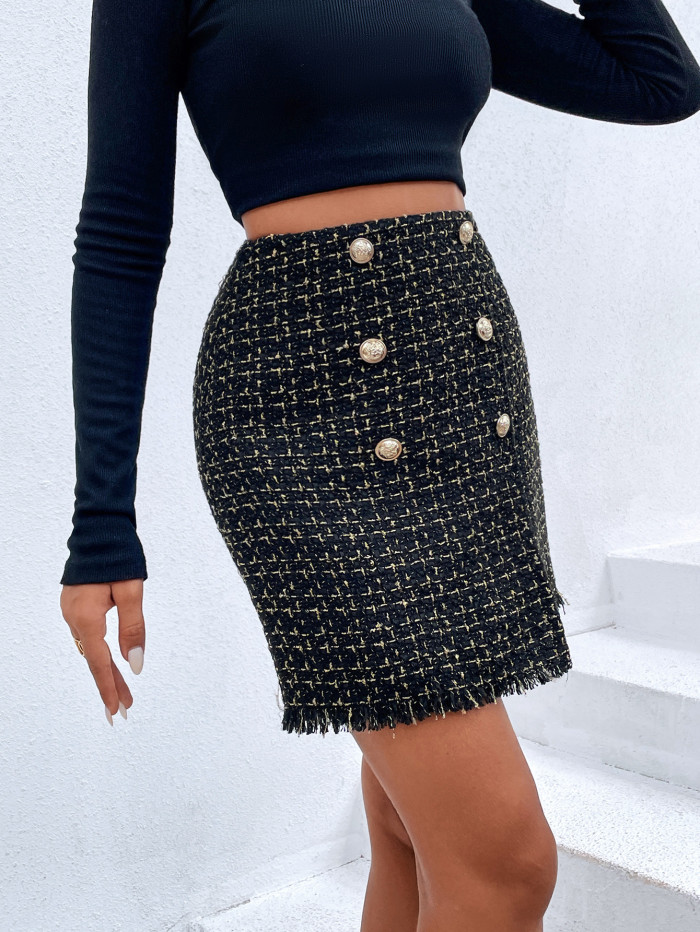 Women's Fashion Button Covering Hip High Waist Skirt